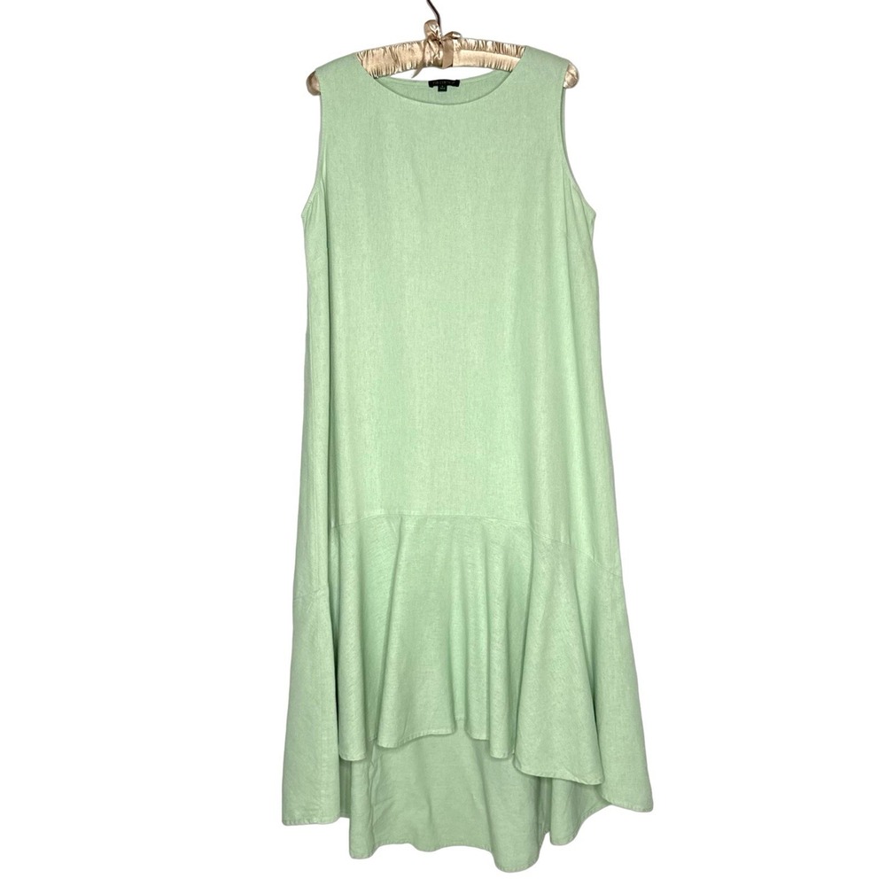 For Cynthia Large Green Linen Viscose Sleeveless Solid Midi Shift Dress Ruffle‎